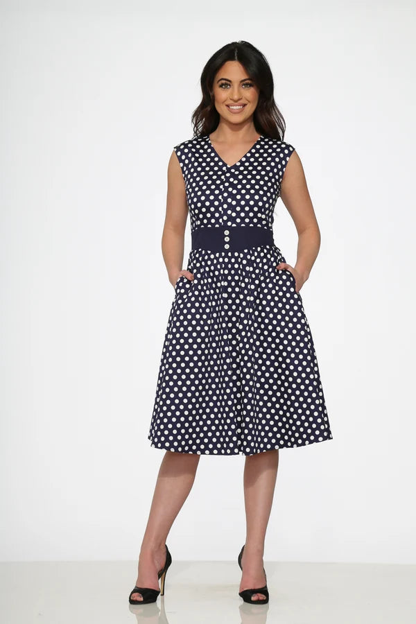 20510 Navy Blue White Polka Dot Swing Dress