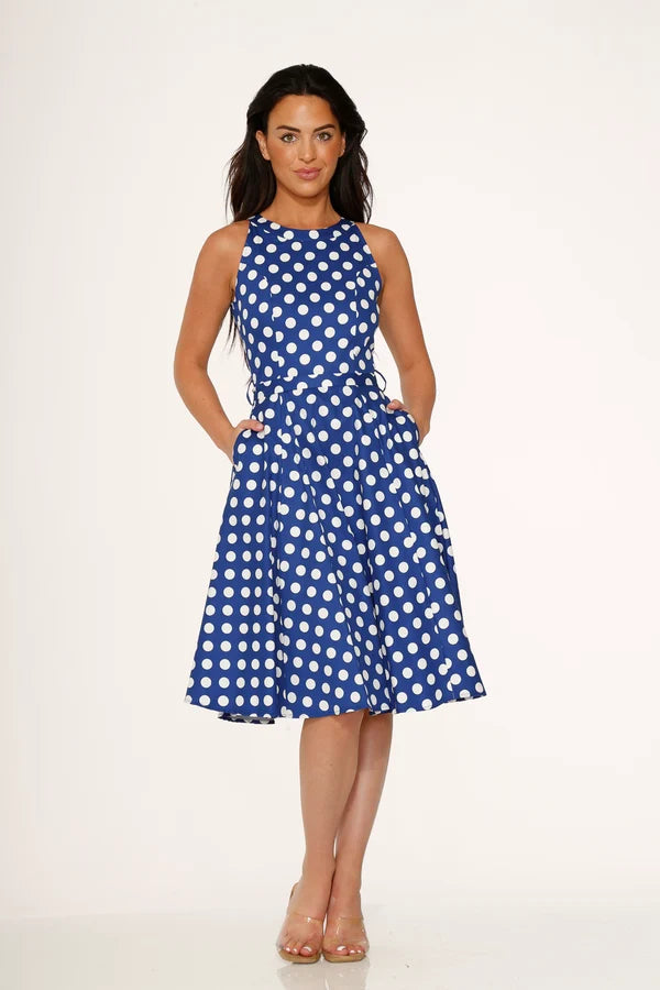 21921 Navy Blue White Polka Dot Swing Dress