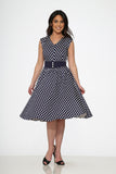 20510 Navy Blue White Polka Dot Swing Dress