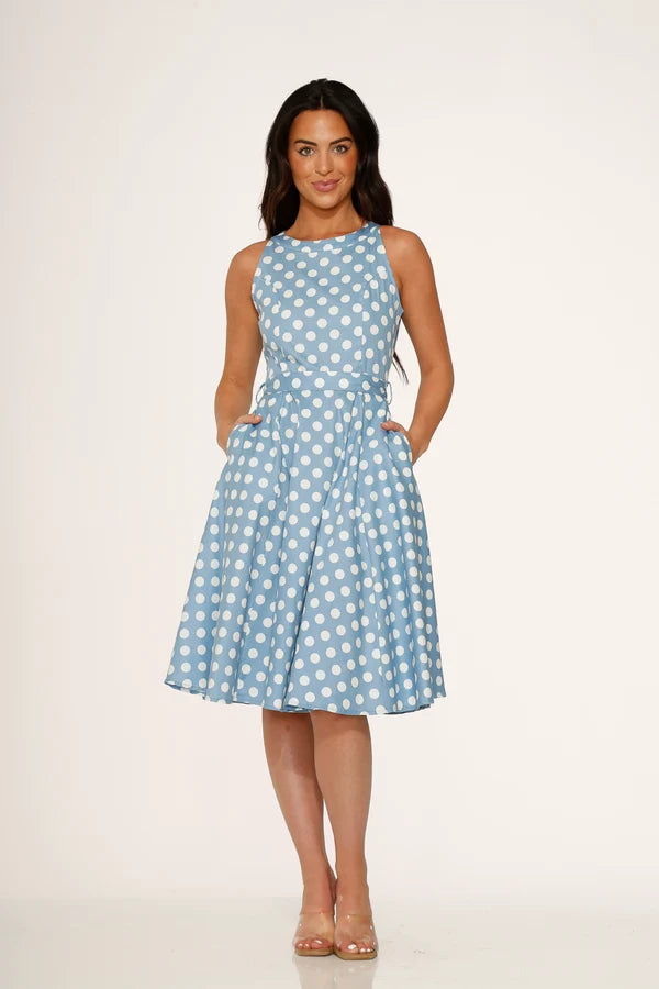 21922 Light Blue White Polka Dot Swing Dress