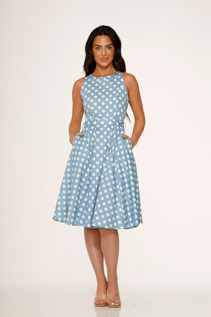 21922 Light Blue White Polka Dot Swing Dress