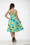 3558 Aqua Blue with Lemon Print Swing Dress