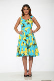 3558 Aqua Blue with Lemon Print Swing Dress